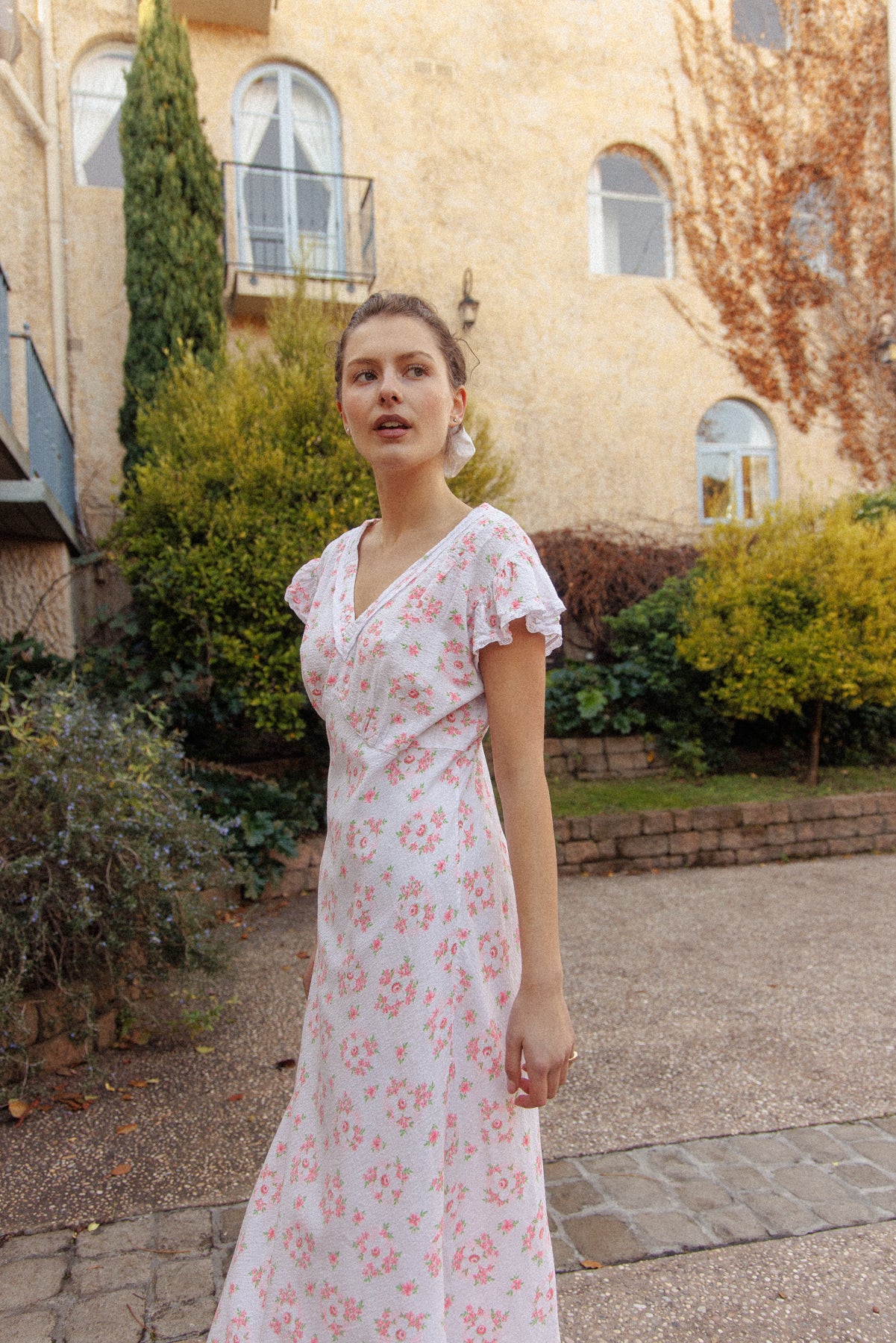 VINTAGE 1930's Floral Seersucker Cotton Cap Sleep Nightgown Maxi Dress M/L