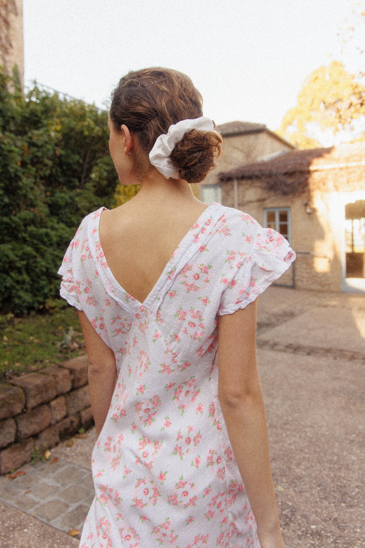 VINTAGE 1930's Floral Seersucker Cotton Cap Sleep Nightgown Maxi Dress M/L