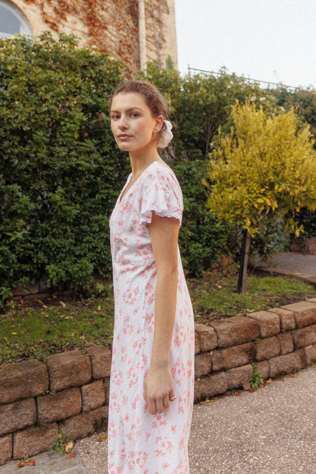 VINTAGE 1930's Floral Seersucker Cotton Cap Sleep Nightgown Maxi Dress M/L