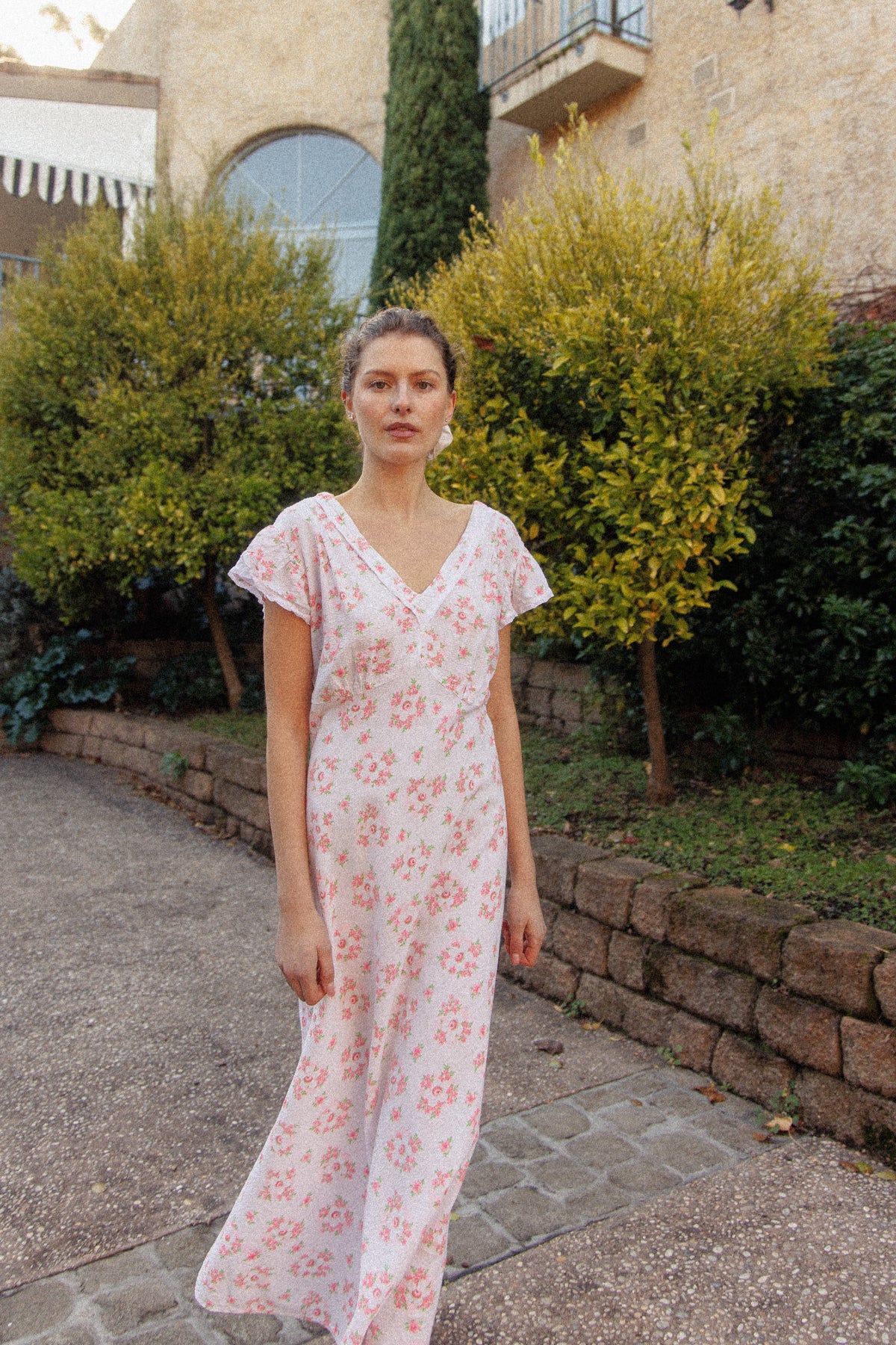 VINTAGE 1930's Floral Seersucker Cotton Cap Sleep Nightgown Maxi Dress M/L