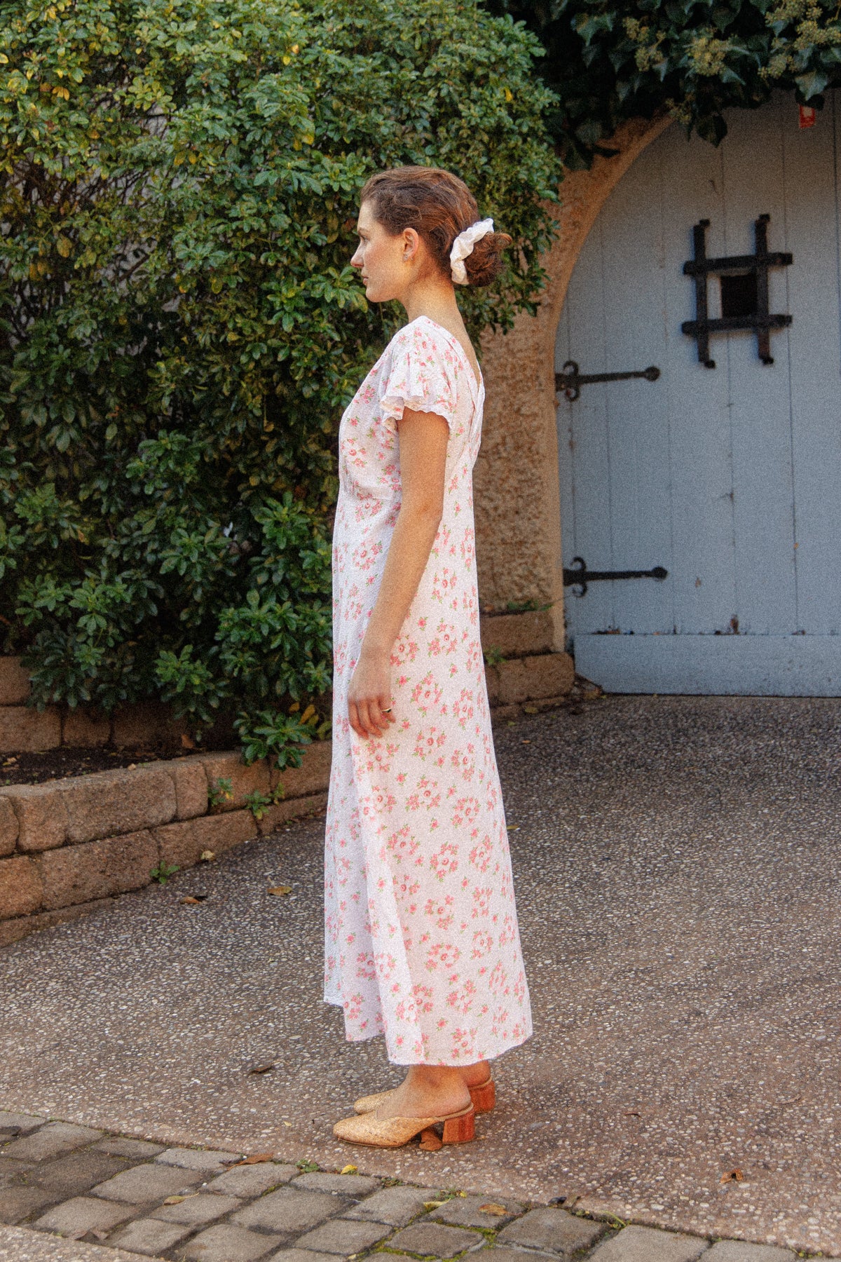 VINTAGE 1930's Floral Seersucker Cotton Cap Sleep Nightgown Maxi Dress M/L