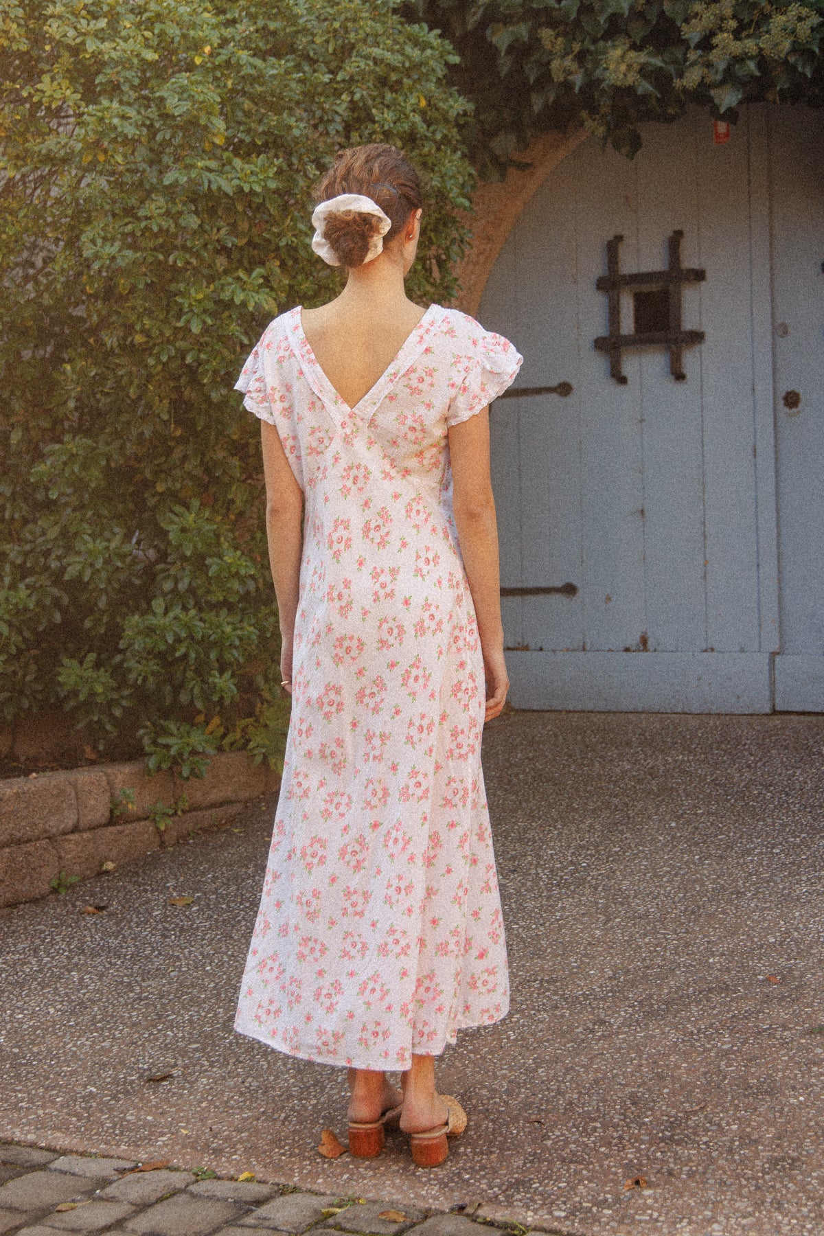 VINTAGE 1930's Floral Seersucker Cotton Cap Sleep Nightgown Maxi Dress M/L