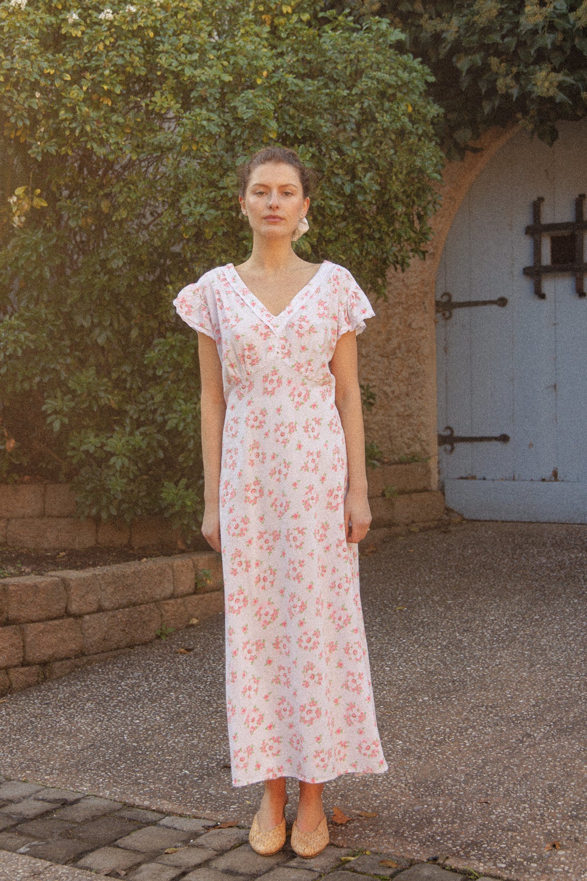 VINTAGE 1930's Floral Seersucker Cotton Cap Sleep Nightgown Maxi Dress M/L