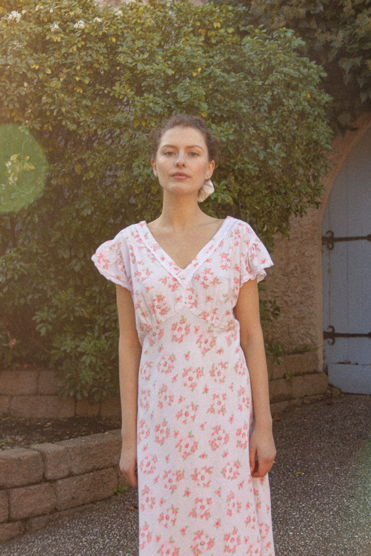 VINTAGE 1930's Floral Seersucker Cotton Cap Sleep Nightgown Maxi Dress M/L