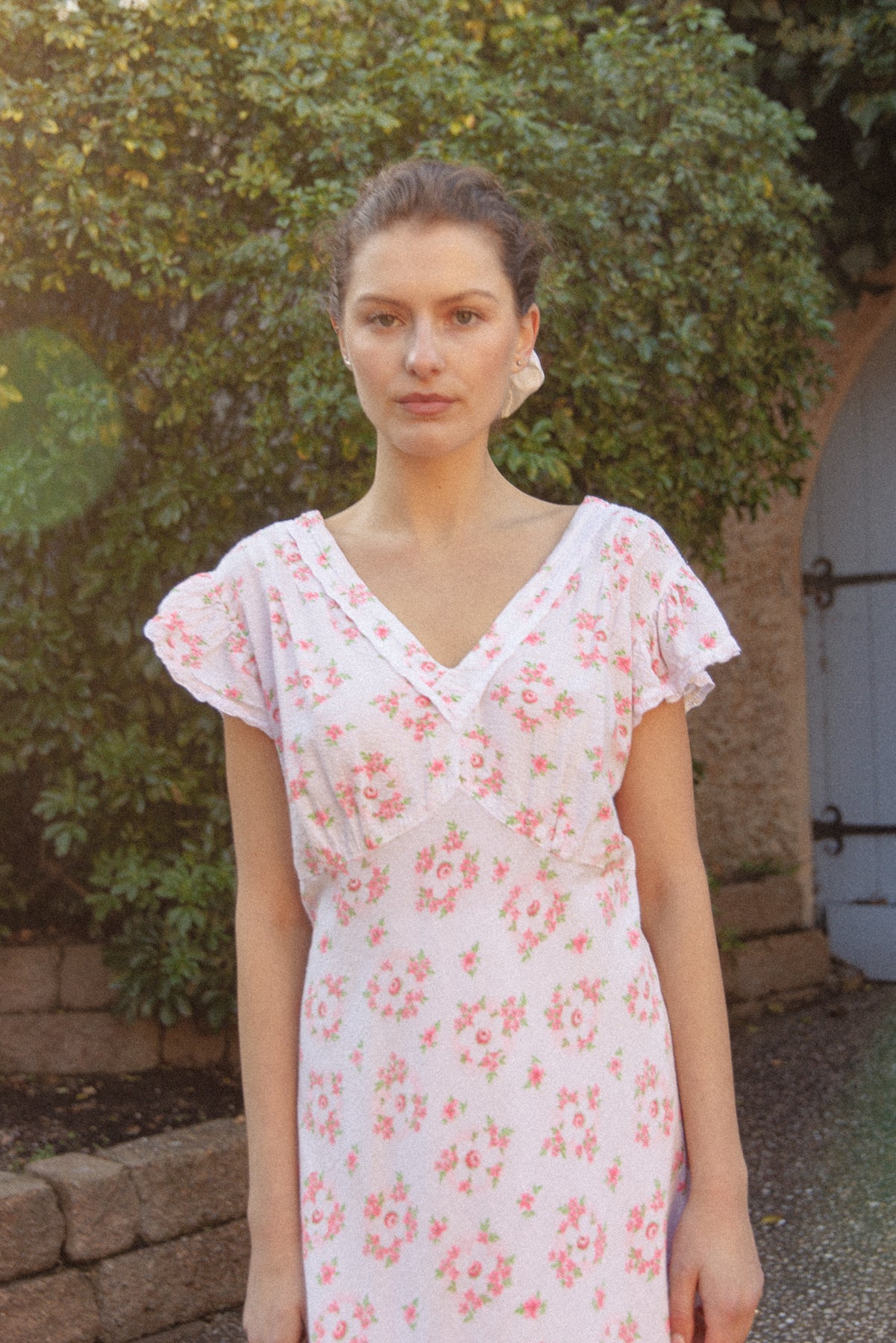 VINTAGE 1930's Floral Seersucker Cotton Cap Sleep Nightgown Maxi Dress M/L