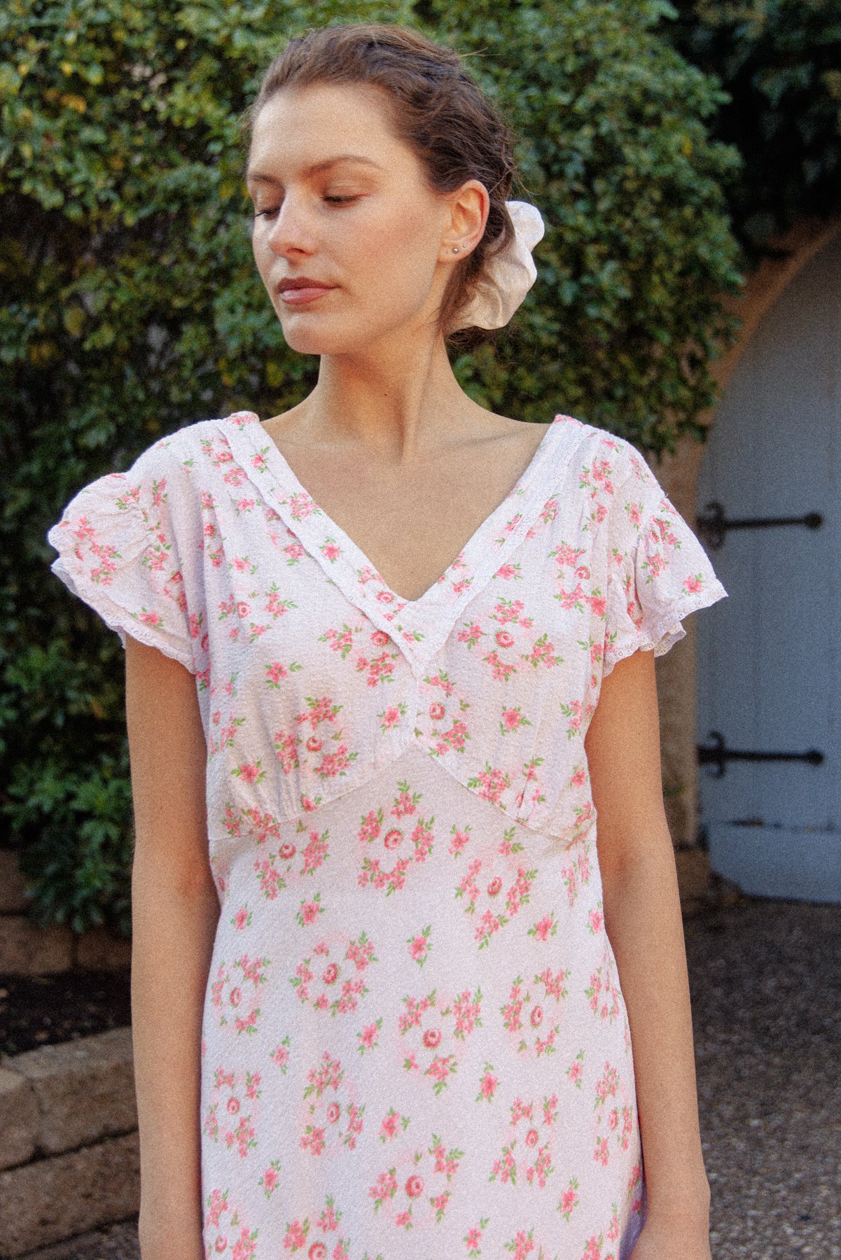 VINTAGE 1930's Floral Seersucker Cotton Cap Sleep Nightgown Maxi Dress M/L