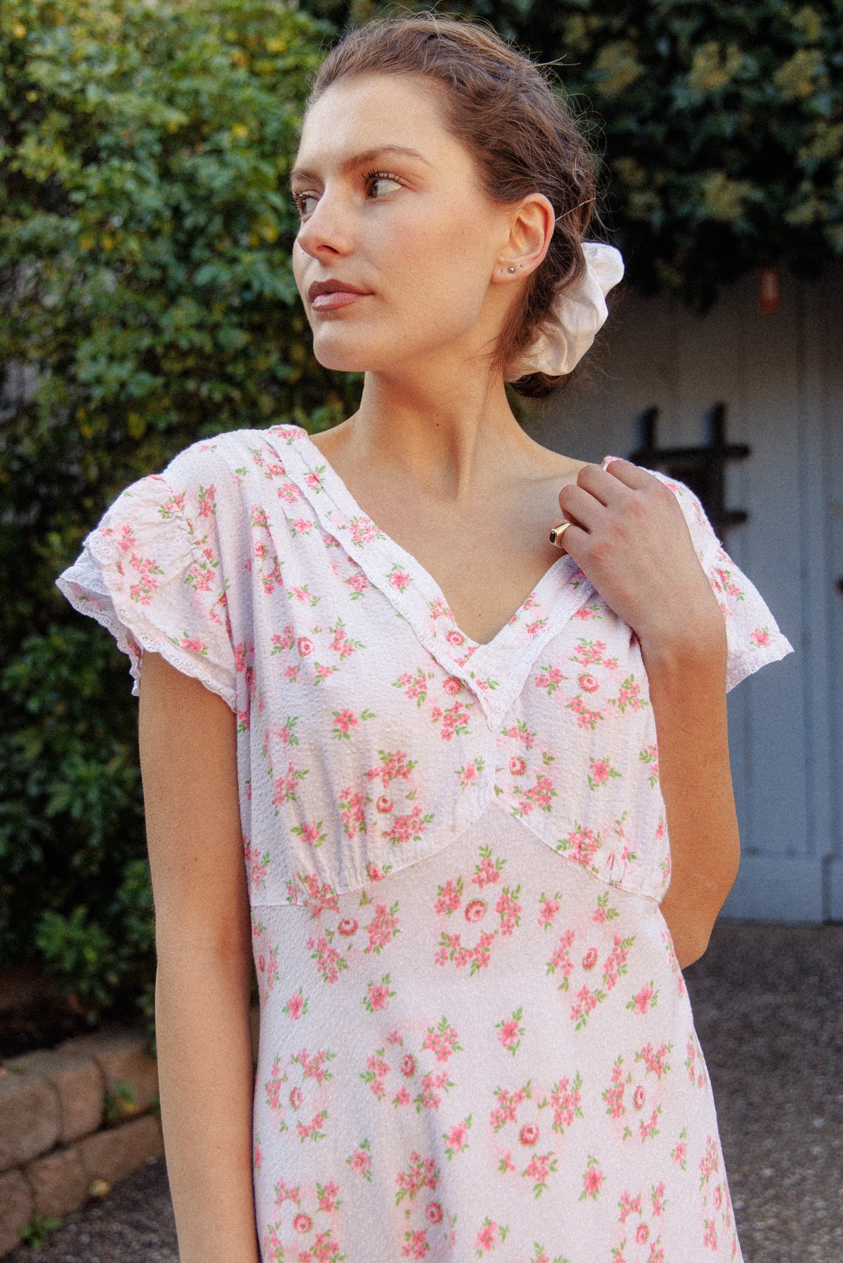 VINTAGE 1930's Floral Seersucker Cotton Cap Sleep Nightgown Maxi Dress M/L