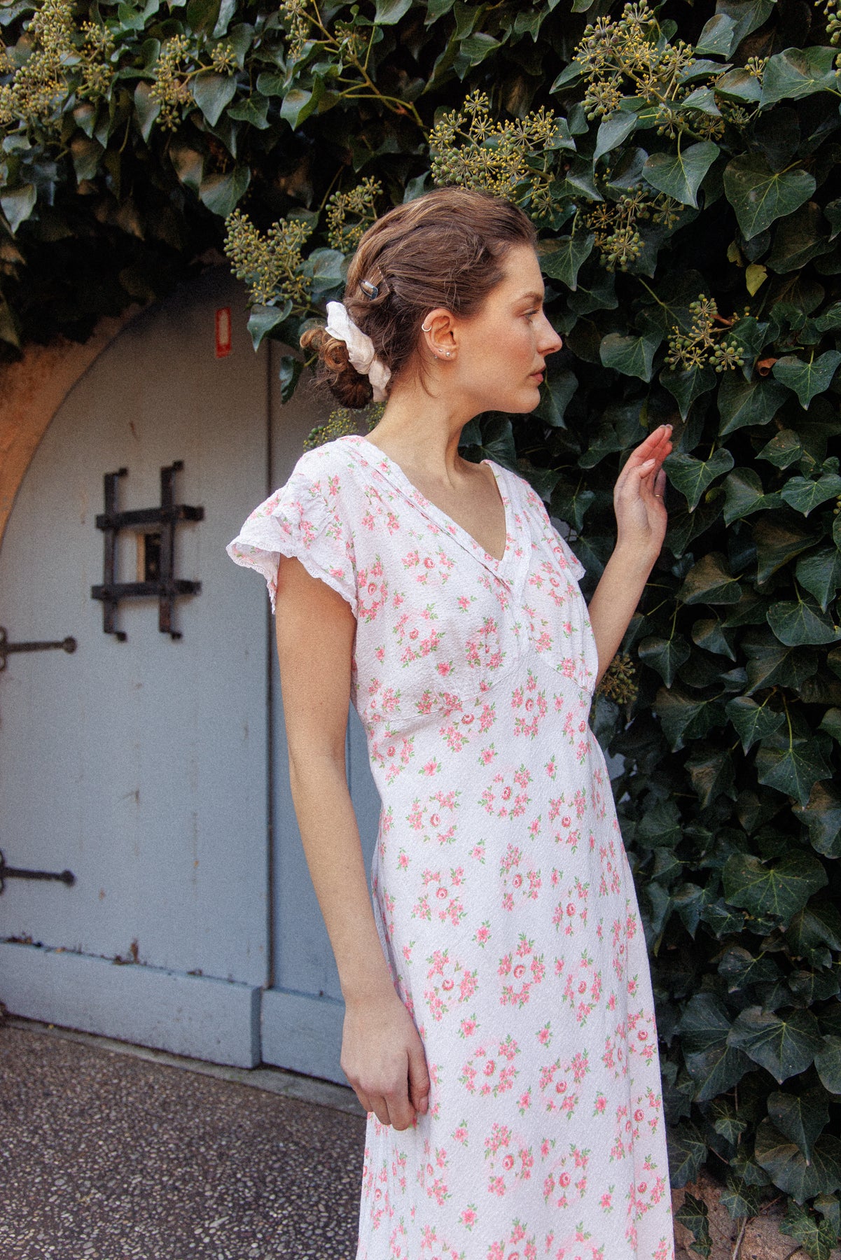 VINTAGE 1930's Floral Seersucker Cotton Cap Sleep Nightgown Maxi Dress M/L