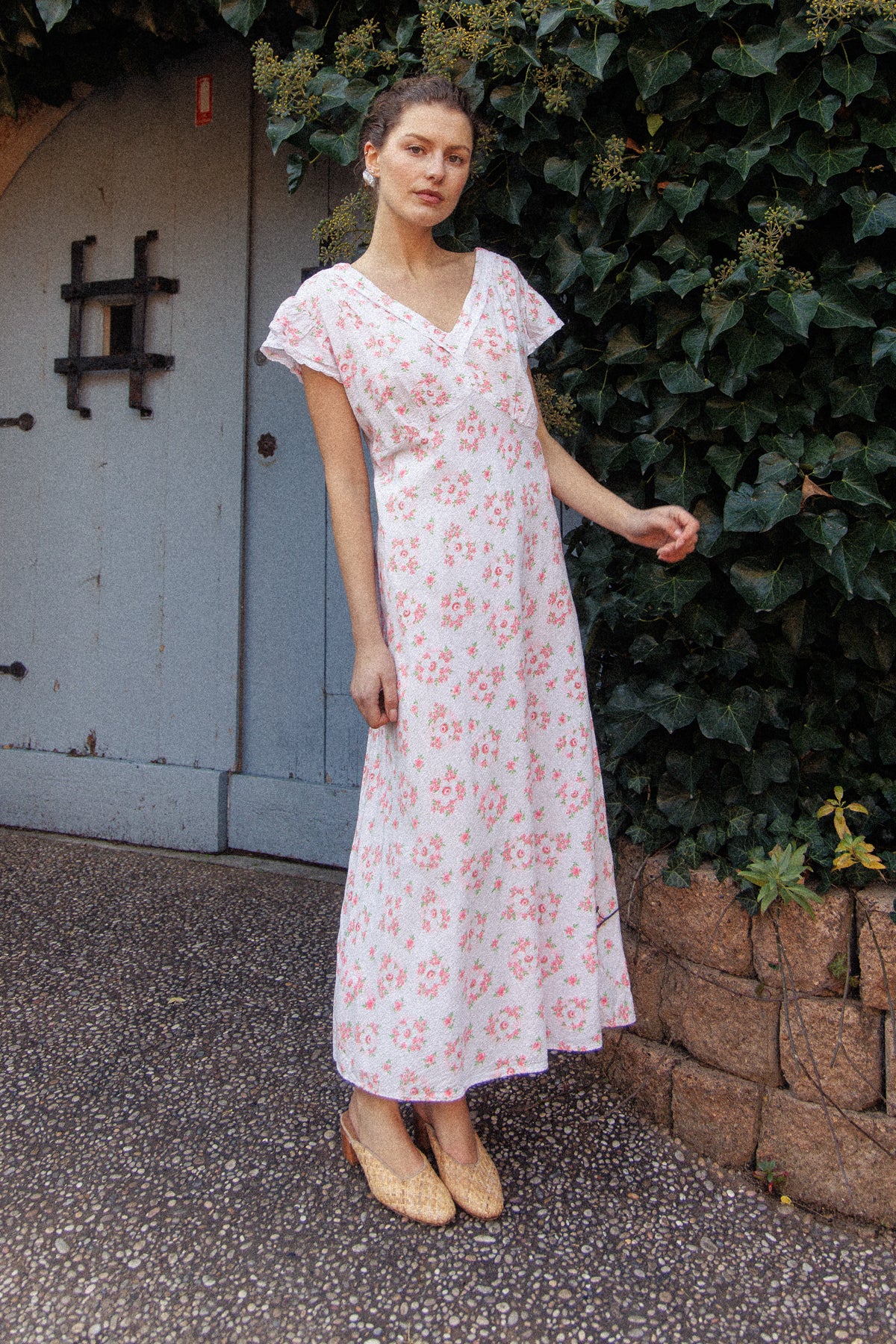 VINTAGE 1930's Floral Seersucker Cotton Cap Sleep Nightgown Maxi Dress M/L