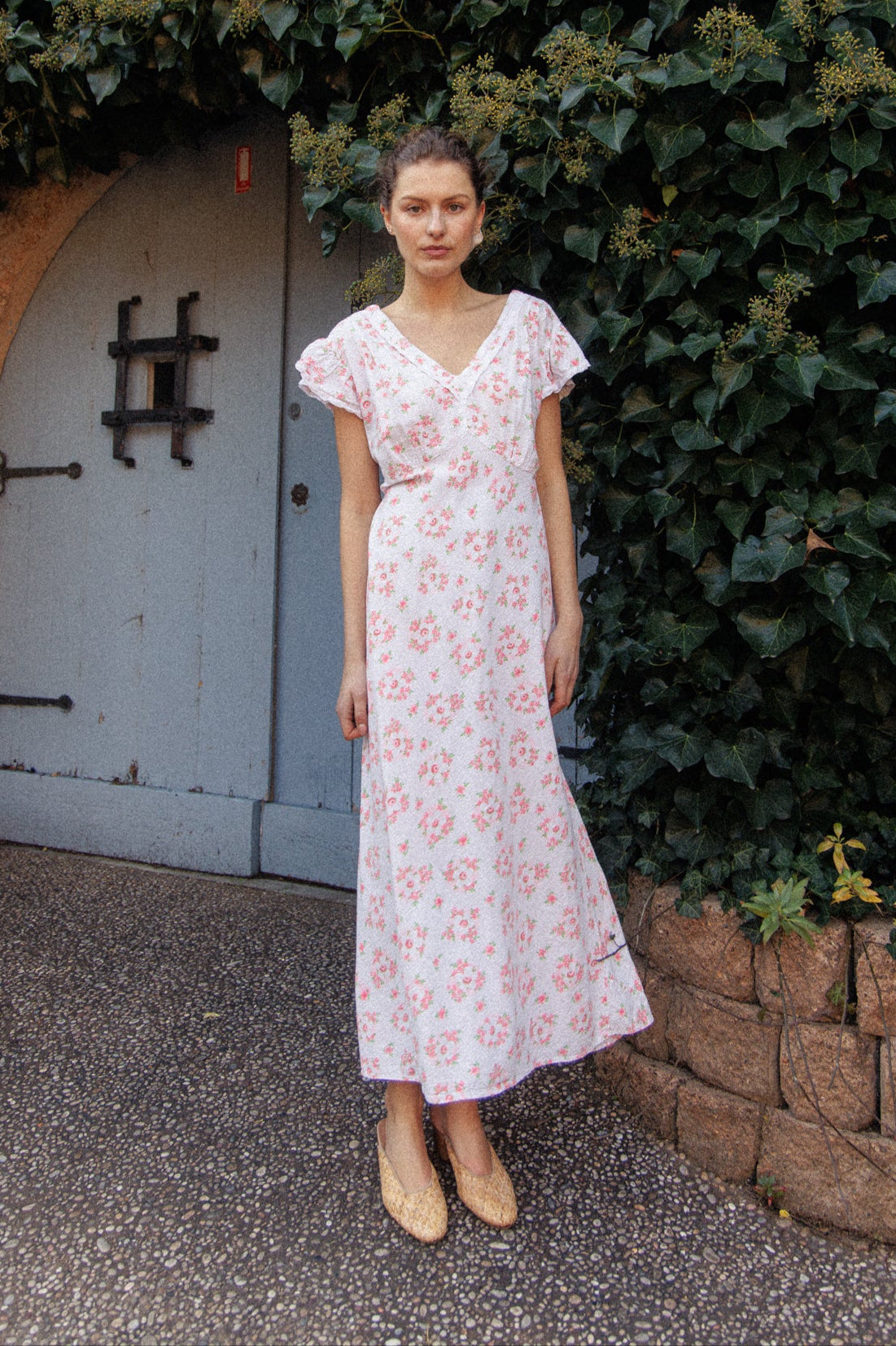 VINTAGE 1930's Floral Seersucker Cotton Cap Sleep Nightgown Maxi Dress M/L