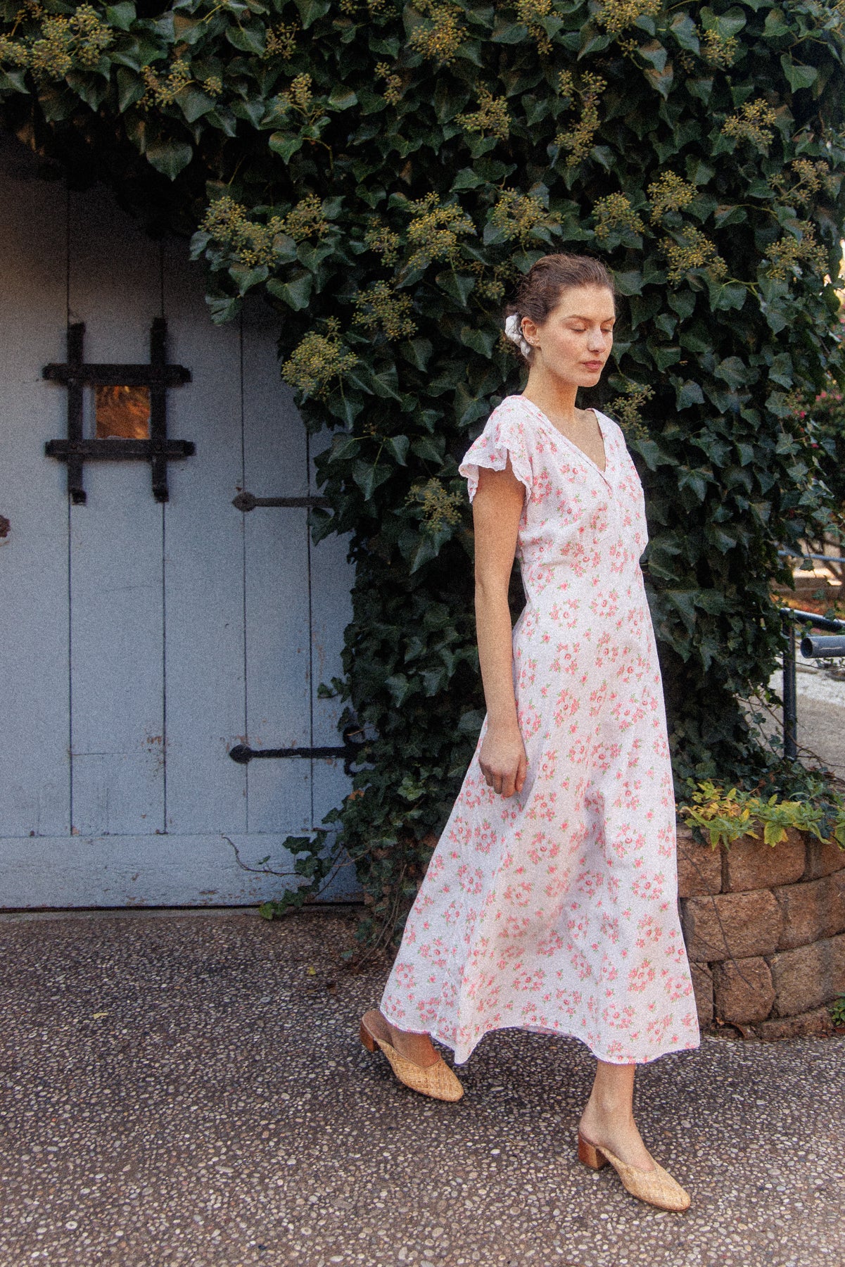 VINTAGE 1930's Floral Seersucker Cotton Cap Sleep Nightgown Maxi Dress M/L