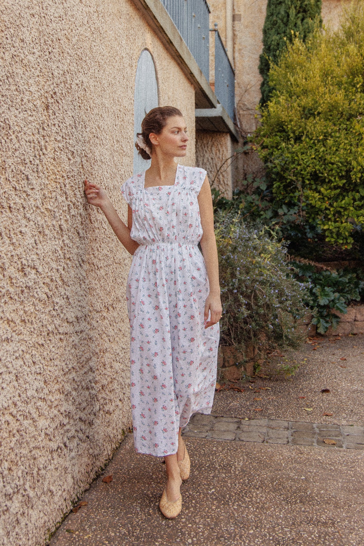 VINTAGE 1930's Floral Seersucker Cotton Nightgown Maxi Dress L/XL