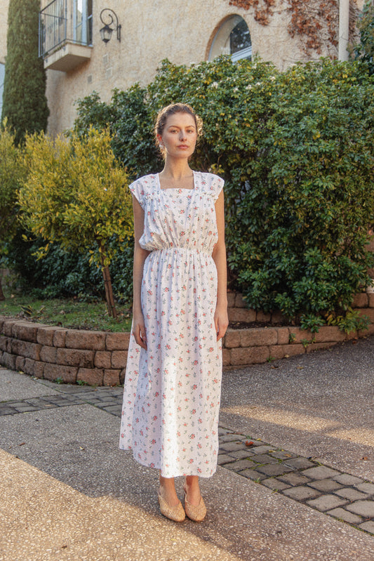 VINTAGE 1930's Floral Seersucker Cotton Nightgown Maxi Dress L/XL