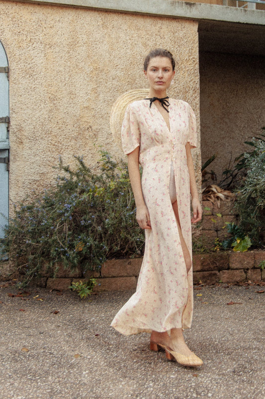 VINTAGE 1930's Peachy Pink Floral Peignoir Nightgown Robe Dress S/M