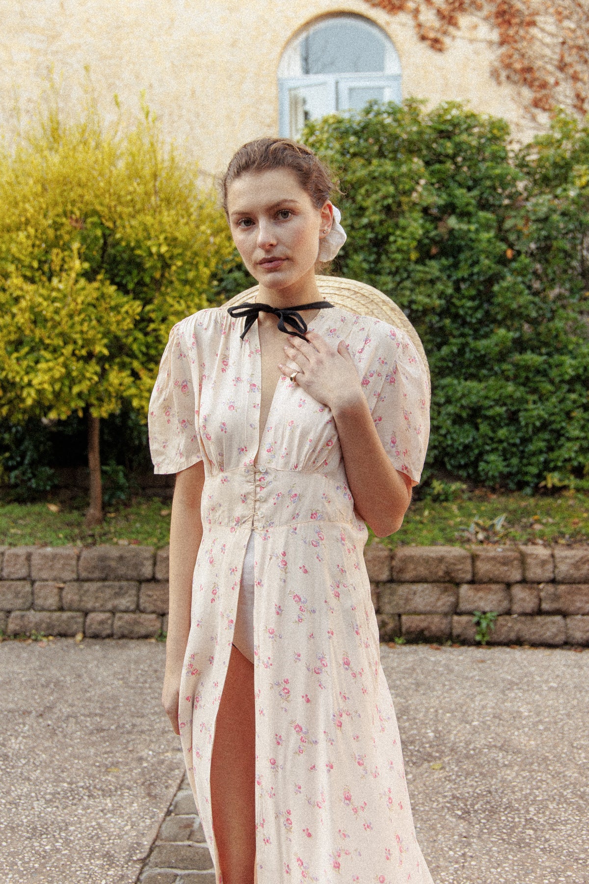 VINTAGE 1930's Peachy Pink Floral Peignoir Nightgown Robe Dress S/M