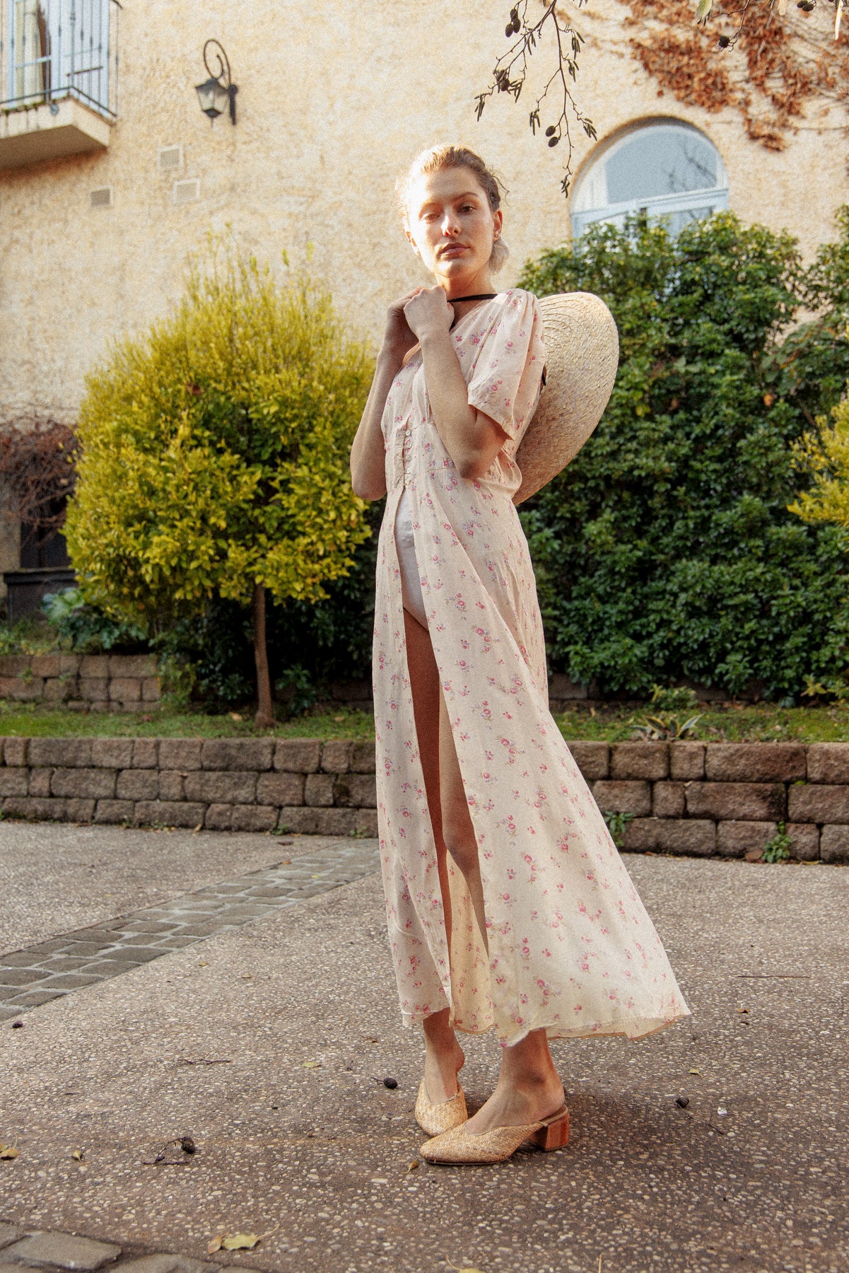 VINTAGE 1930's Peachy Pink Floral Peignoir Nightgown Robe Dress S/M