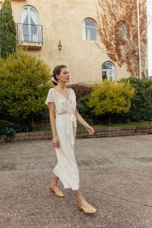 VINTAGE 1930's Ivory Silk Brocade Nightgown Dress M/L