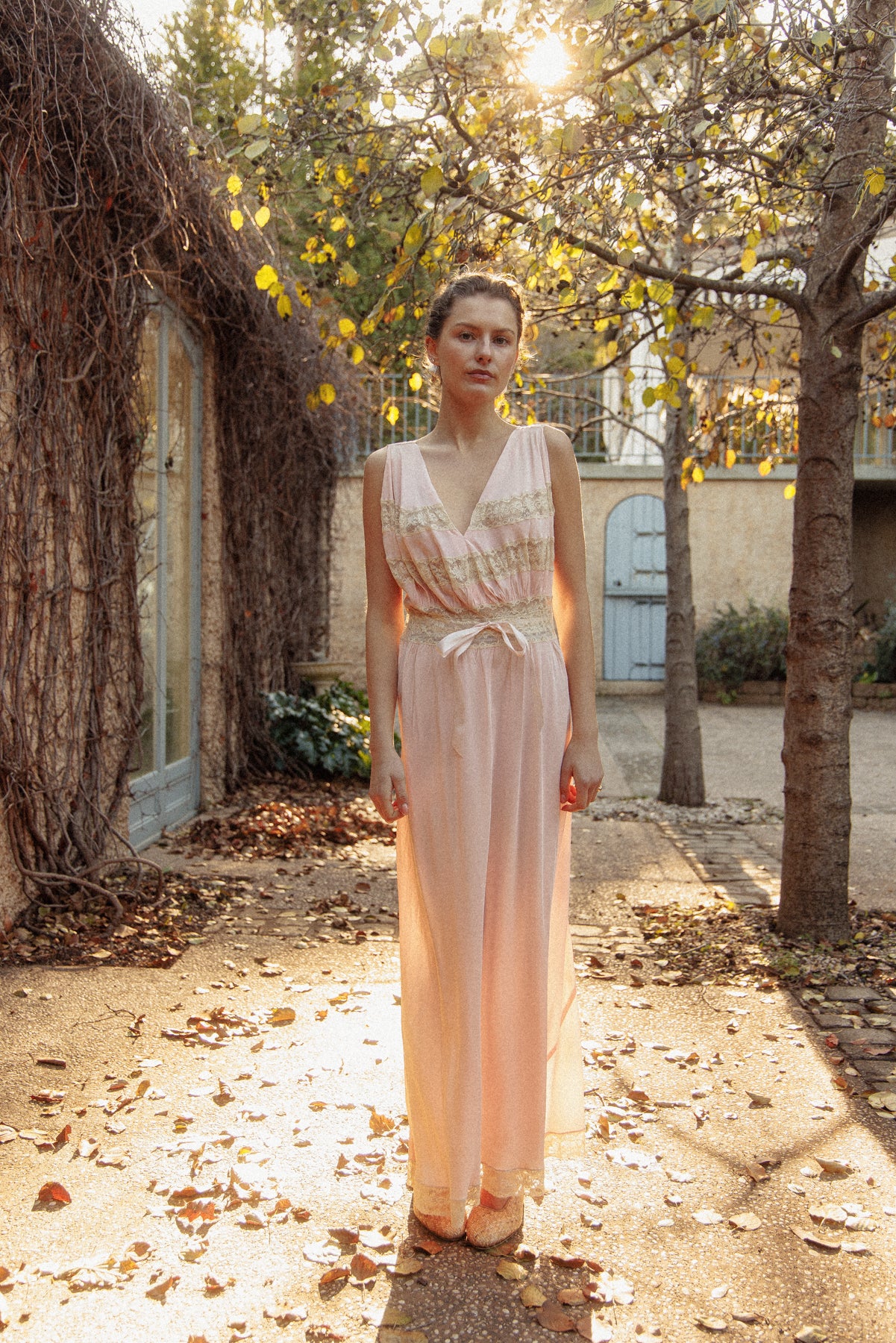 VINTAGE 1930's Pink With Bow Detail And Lace Panel Nightgown Maxi Dress M/L