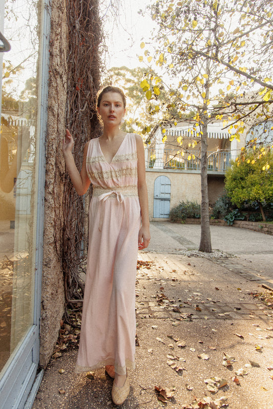 VINTAGE 1930's Pink With Bow Detail And Lace Panel Nightgown Maxi Dress M/L