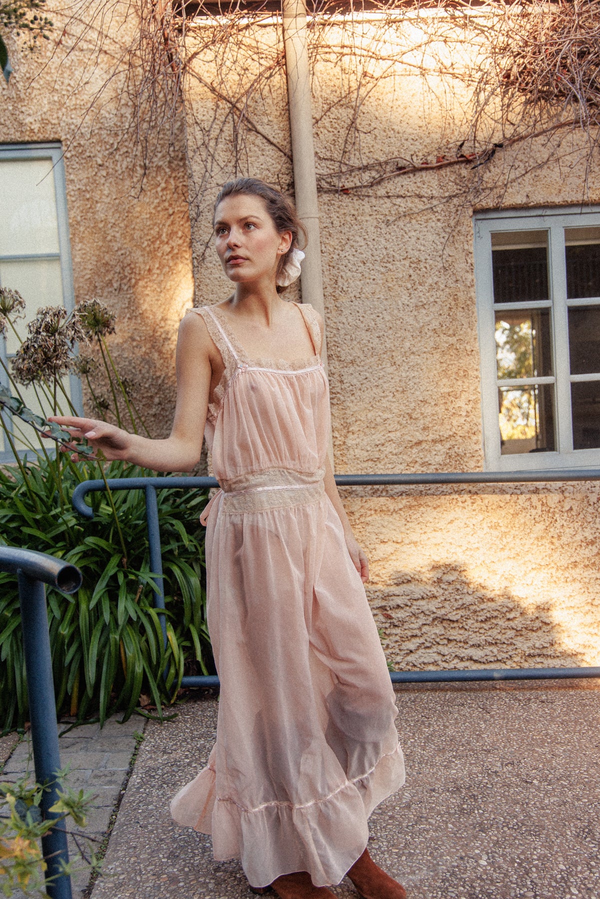 VINTAGE 1940's Sheer Pink Nightgown Maxi Dress L
