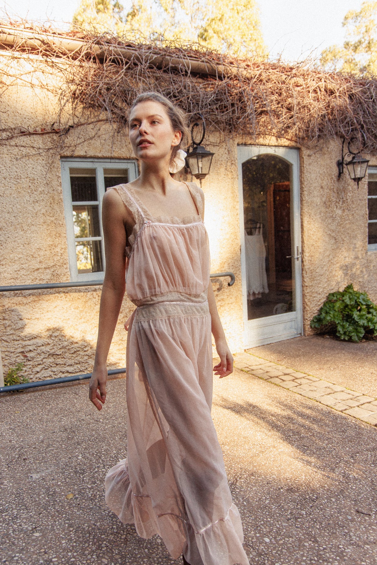 VINTAGE 1940's Sheer Pink Nightgown Maxi Dress L