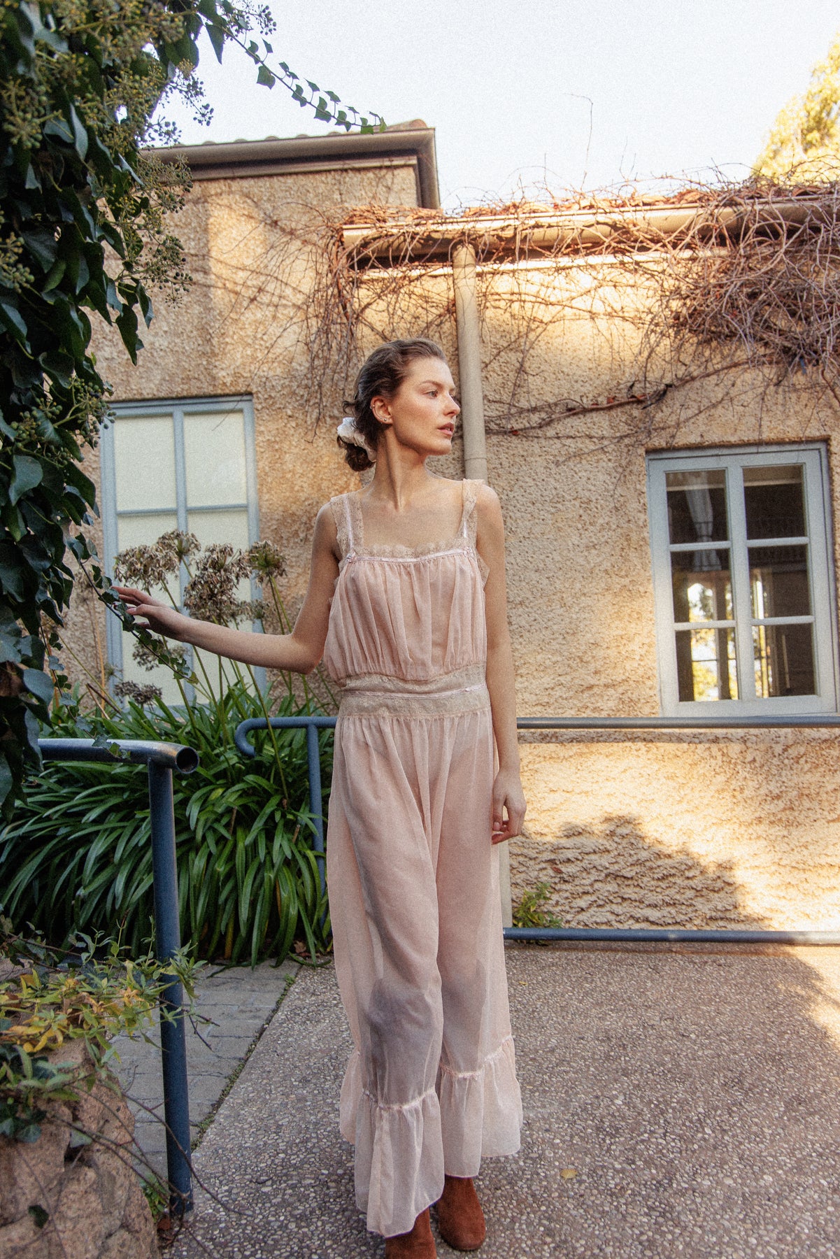 VINTAGE 1940's Sheer Pink Nightgown Maxi Dress L