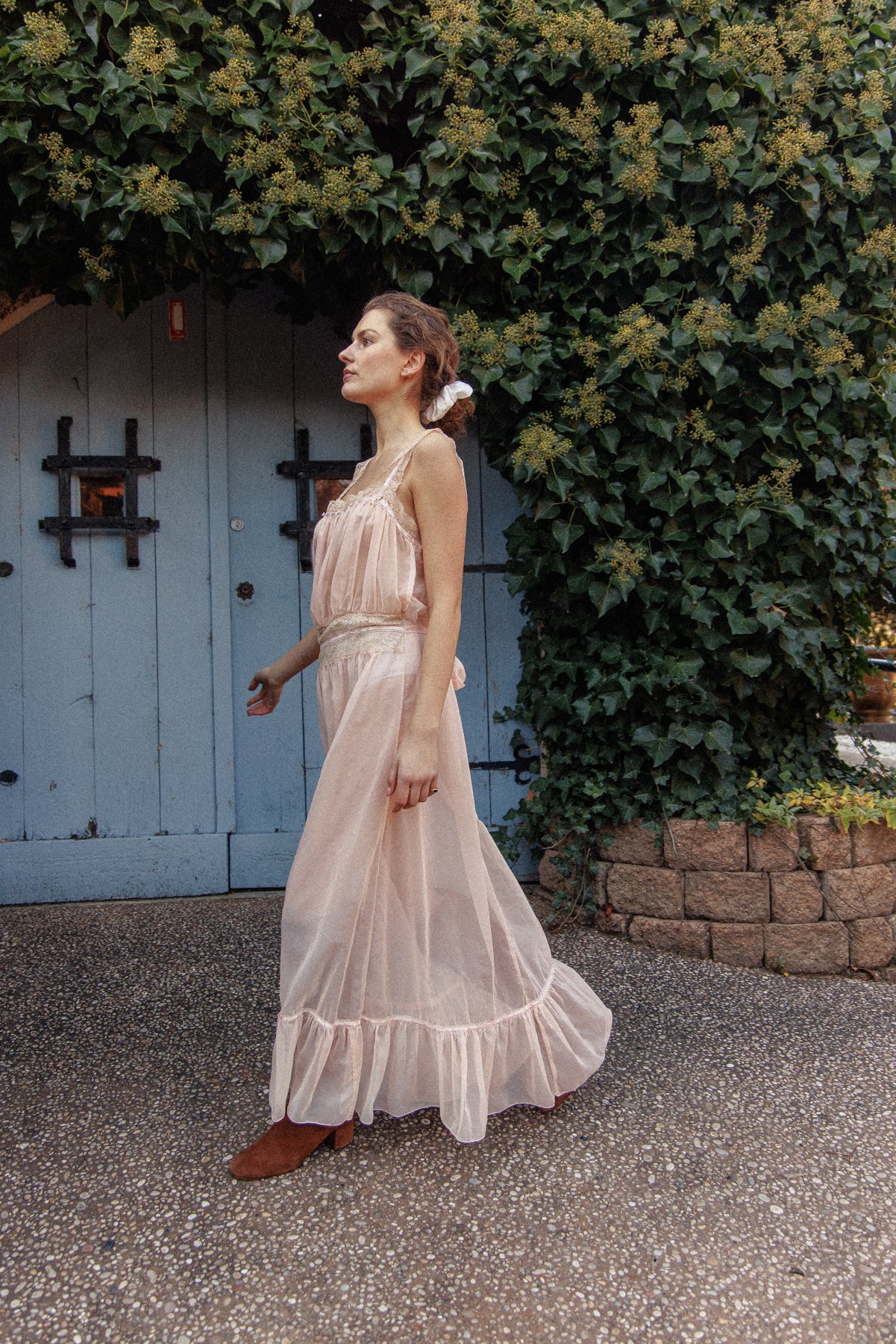 VINTAGE 1940's Sheer Pink Nightgown Maxi Dress L