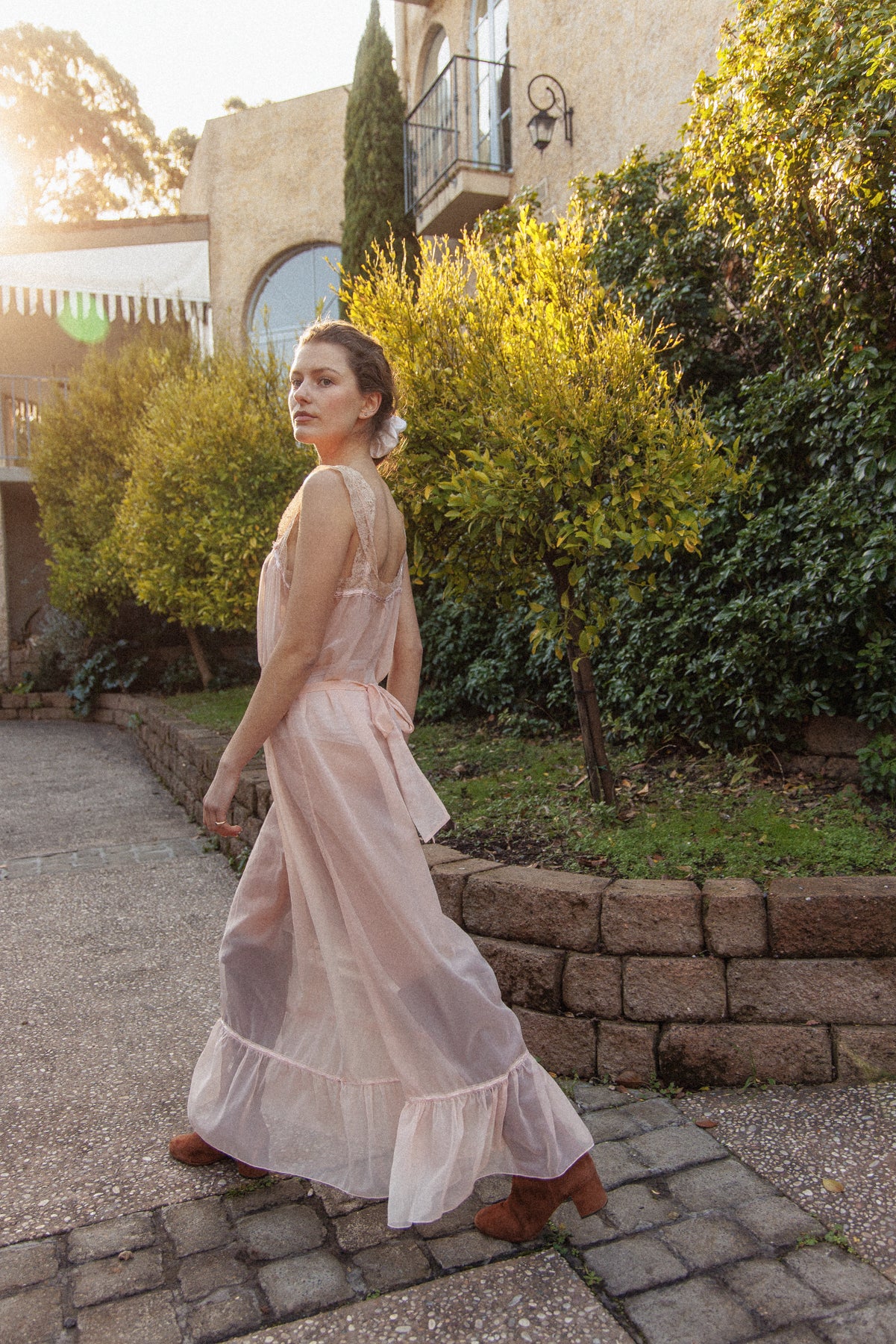 VINTAGE 1940's Sheer Pink Nightgown Maxi Dress L