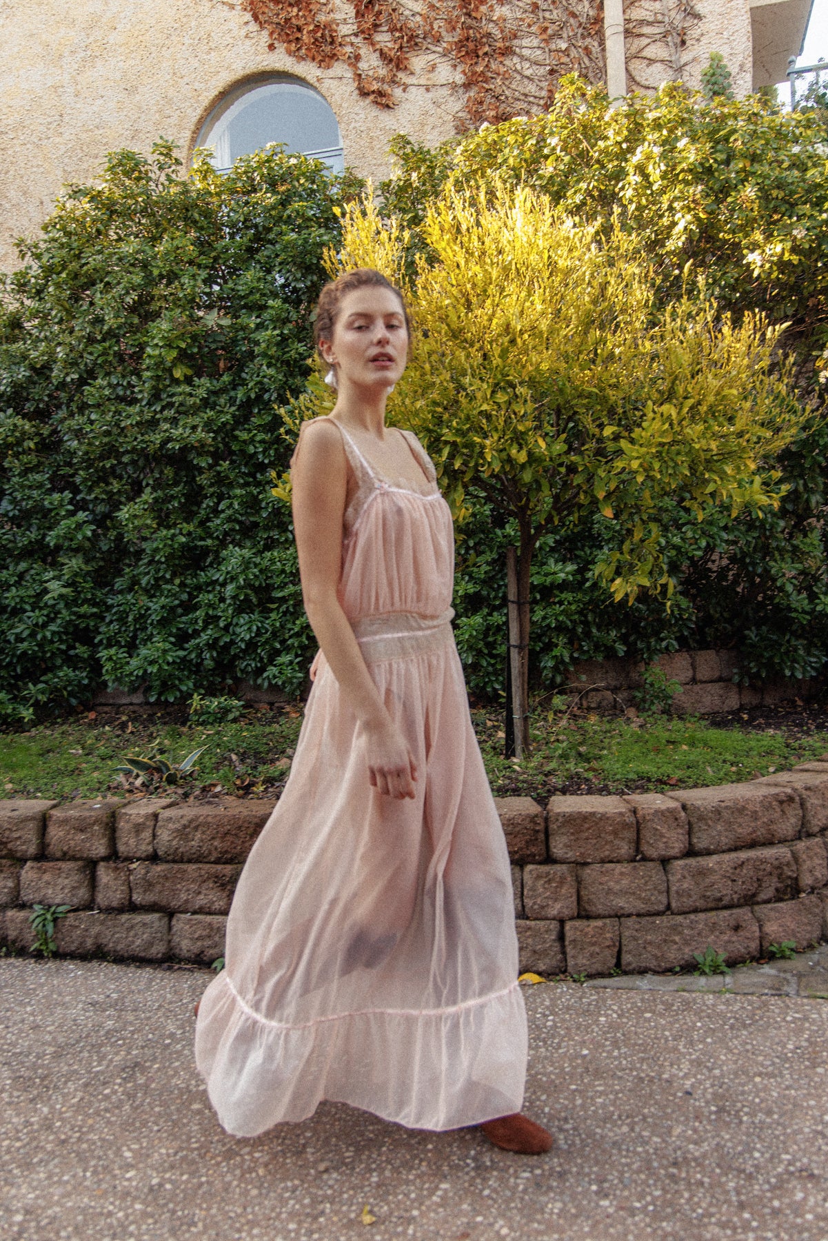 VINTAGE 1940's Sheer Pink Nightgown Maxi Dress L