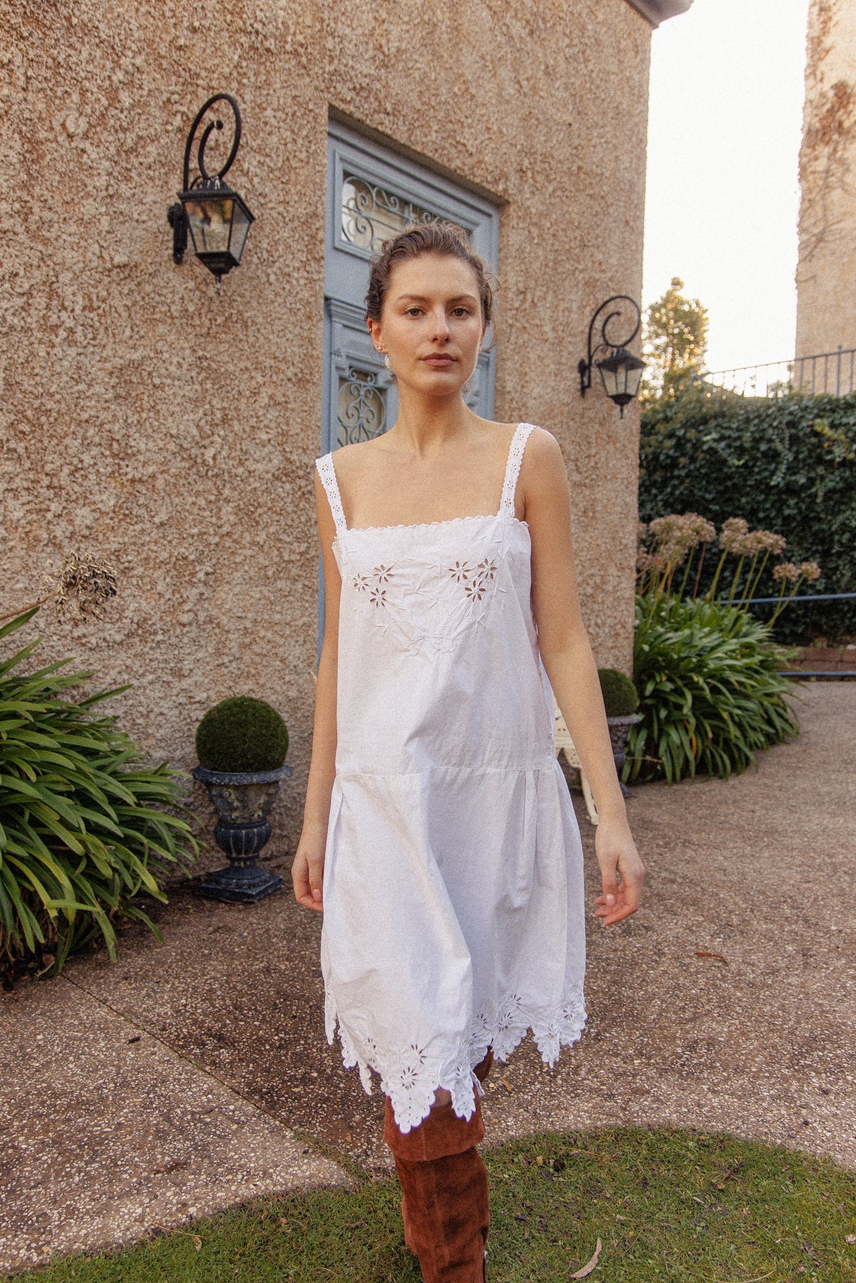 VINTAGE 1900's Edwardian Antique Scalloped Hem Cotton Mini Dress L