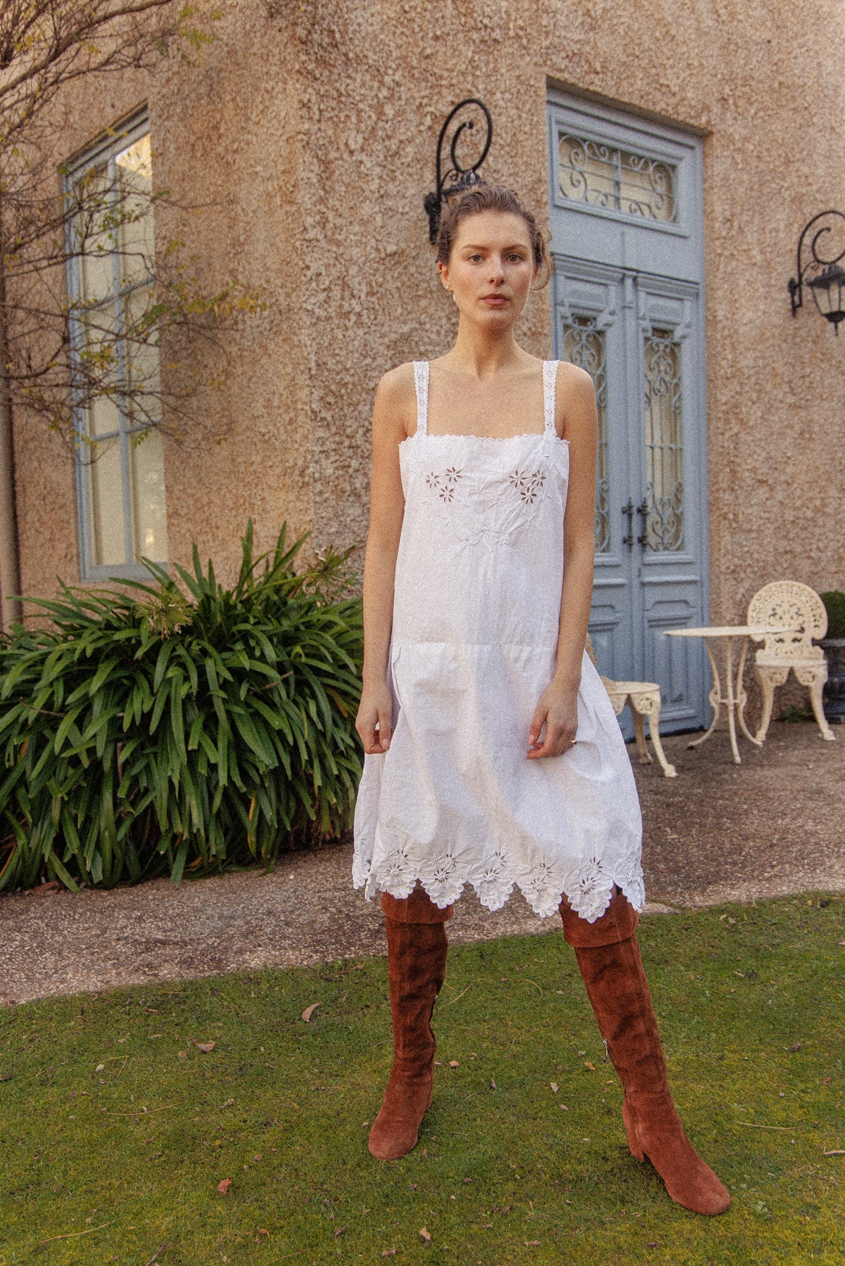 VINTAGE 1900's Edwardian Antique Scalloped Hem Cotton Mini Dress L