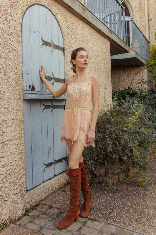 VINTAGE Lace Trimmed Pink Chiffon Silk Mini Chemise S/M