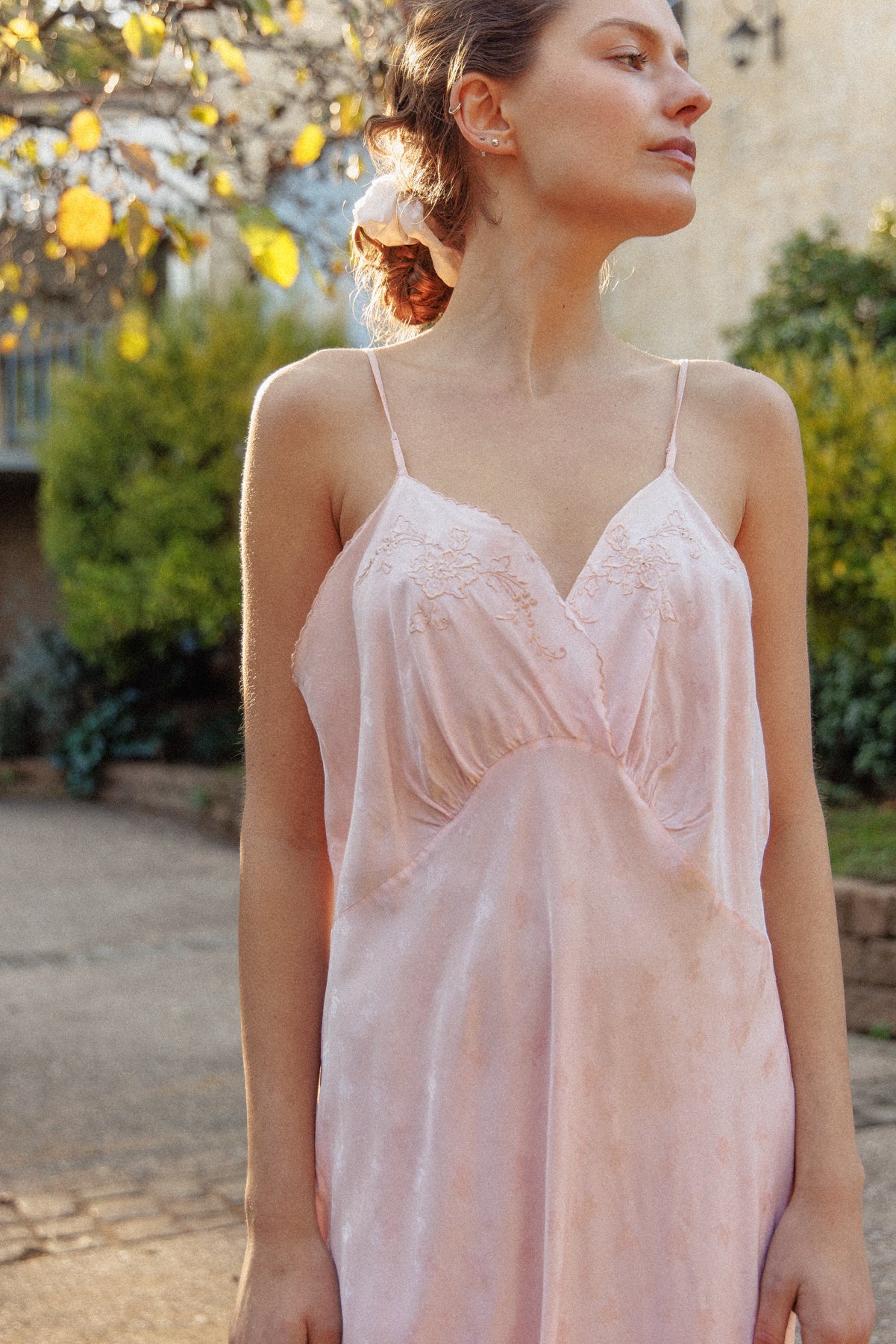 VINTAGE 1940's Pink Brocade Midi Nighgown Dress L