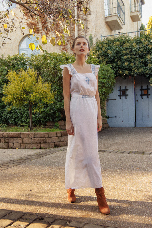 VINTAGE Cotton Maxi Dress With Blue Embroidery M