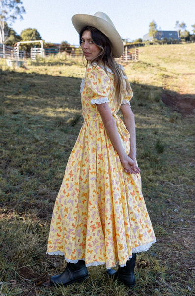 VINTAGE 1970's Yellow Cotton Butterfly Printed Pouf Sleeve Prairie Dress M