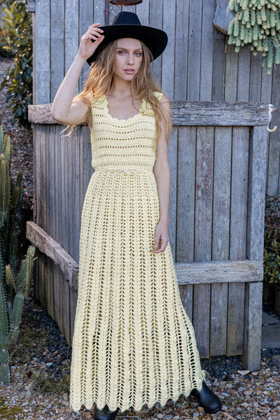 VINTAGE 1970's Yellow Maxi Crochet Dress S/M