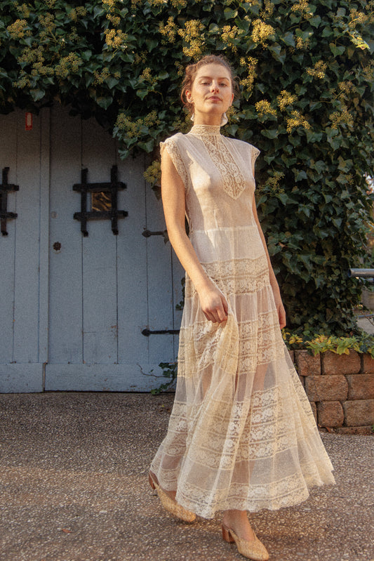 VINTAGE Antique Netted Lace High Neck Maxi Dress S/M