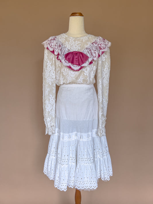 VINTAGE Antique 1900's Edwardian White Cotton Tiered Tulle Petticoat Skirt M