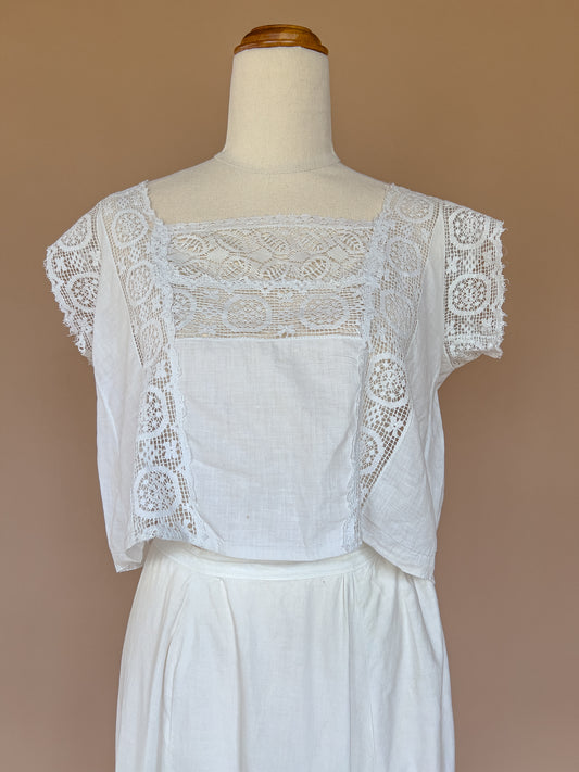 VINTAGE 1900's Edwardian Antique Cotton Blouse With Crochet Yoke S/ML
