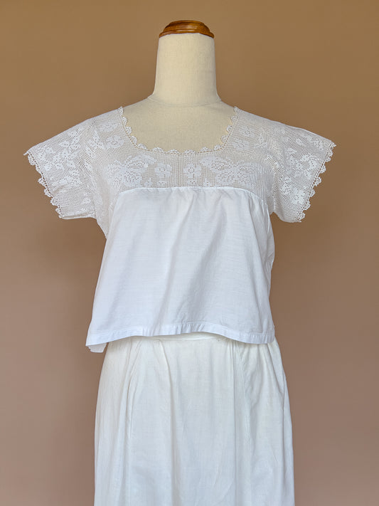 VINTAGE 1900's Edwardian Antique Cotton Blouse With Butterfly Crochet Yoke S