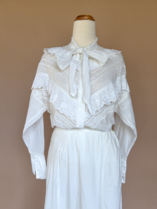 VINTAGE Silk And Cotton High Neck Pussybow Blouse S