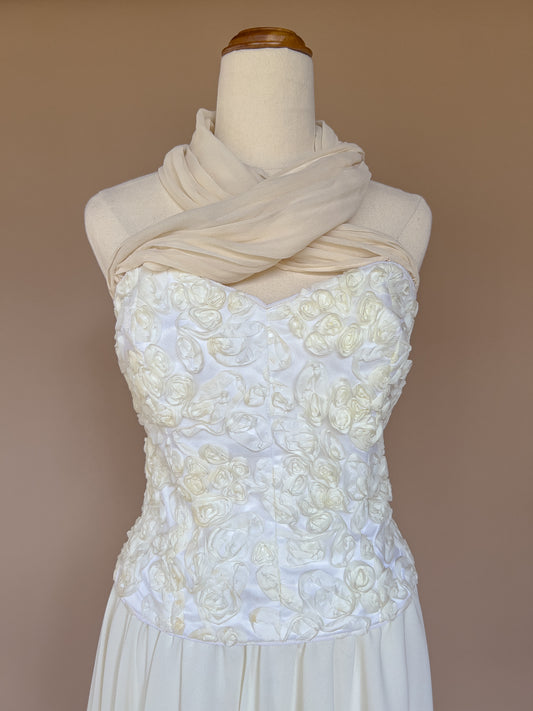 VINTAGE White Soutache Swirl Bustier With Chiffon Silk Halter S