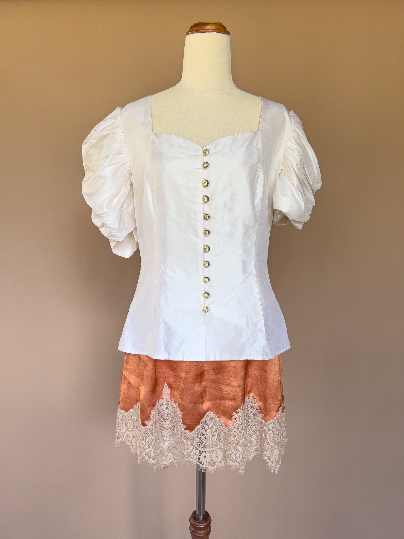 VINTAGE 100% Silk Pouf Sleeve Ivory Blouse S/M