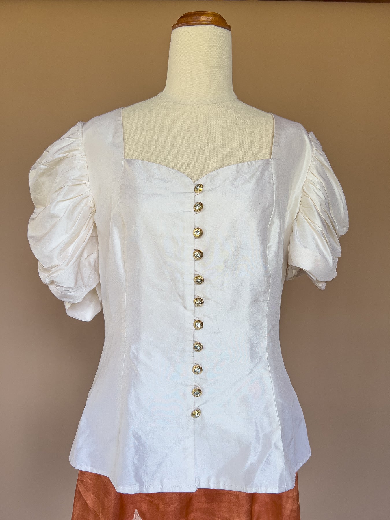 VINTAGE 100% Silk Pouf Sleeve Ivory Blouse S/M