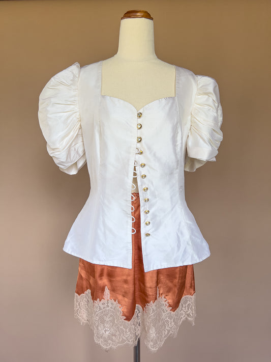 VINTAGE 100% Silk Pouf Sleeve Ivory Blouse S/M