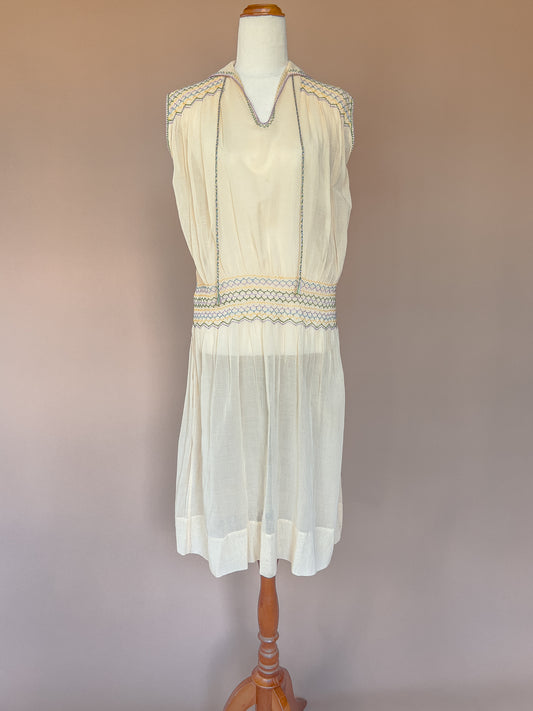 VINTAGE 1920's Yellow Cotton Voile Drop Waist Embroidered Dress S/M/L