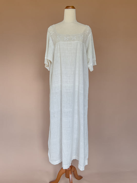 VINTAGE 1900's Edwardian Cotton Nightgown With Crochet Trim S/M