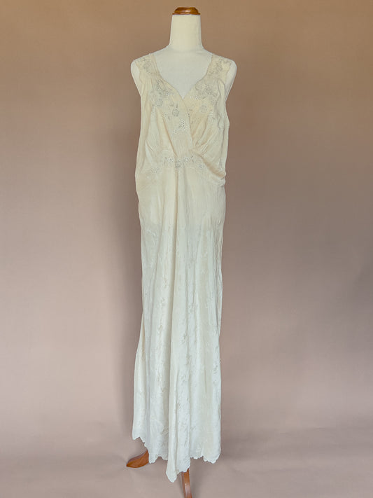 Vintage 1940's Ivory Brocade Silk Embroidered Nightgow Slip Dress L/XL