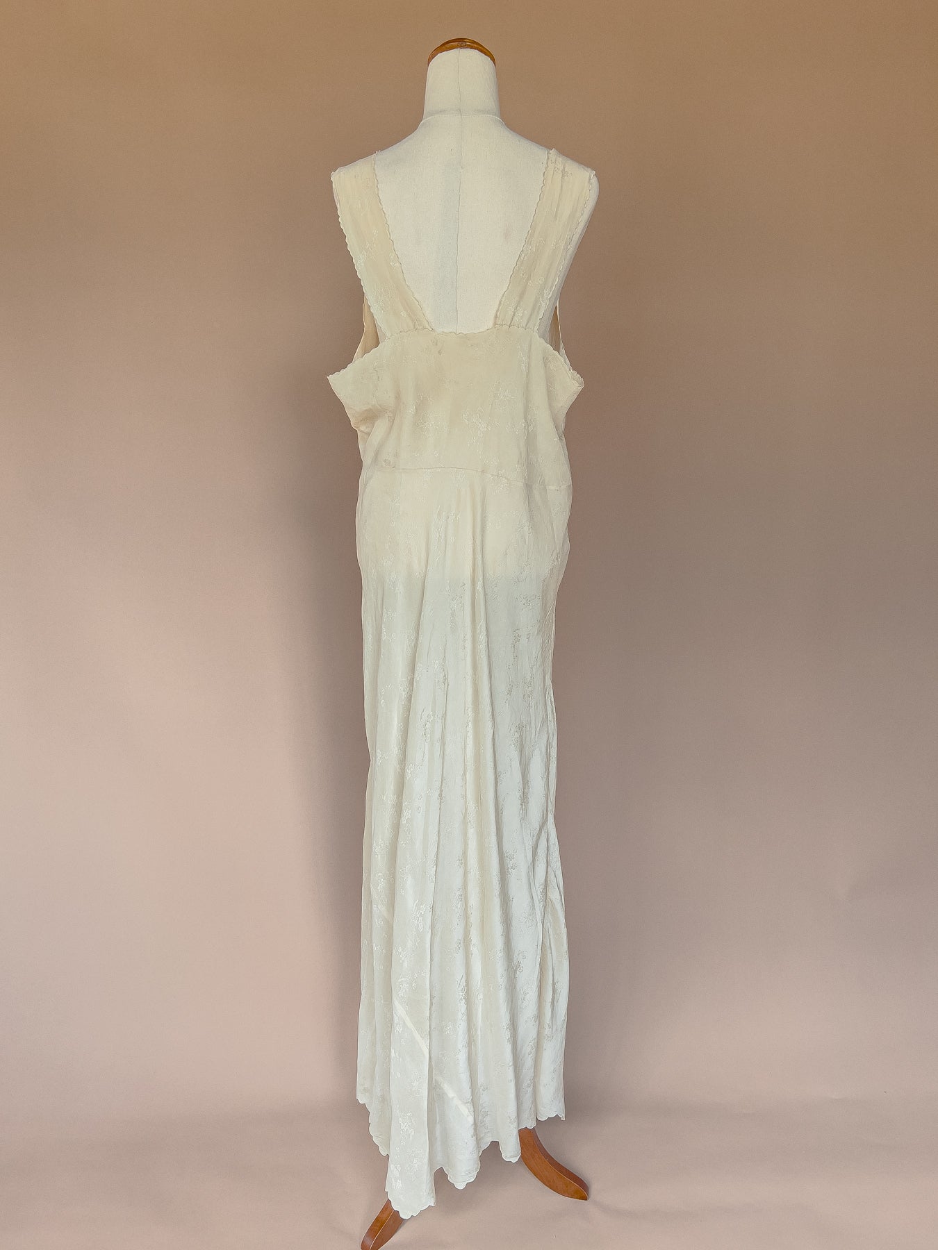 Vintage 1940's Ivory Brocade Silk Embroidered Nightgow Slip Dress L/XL