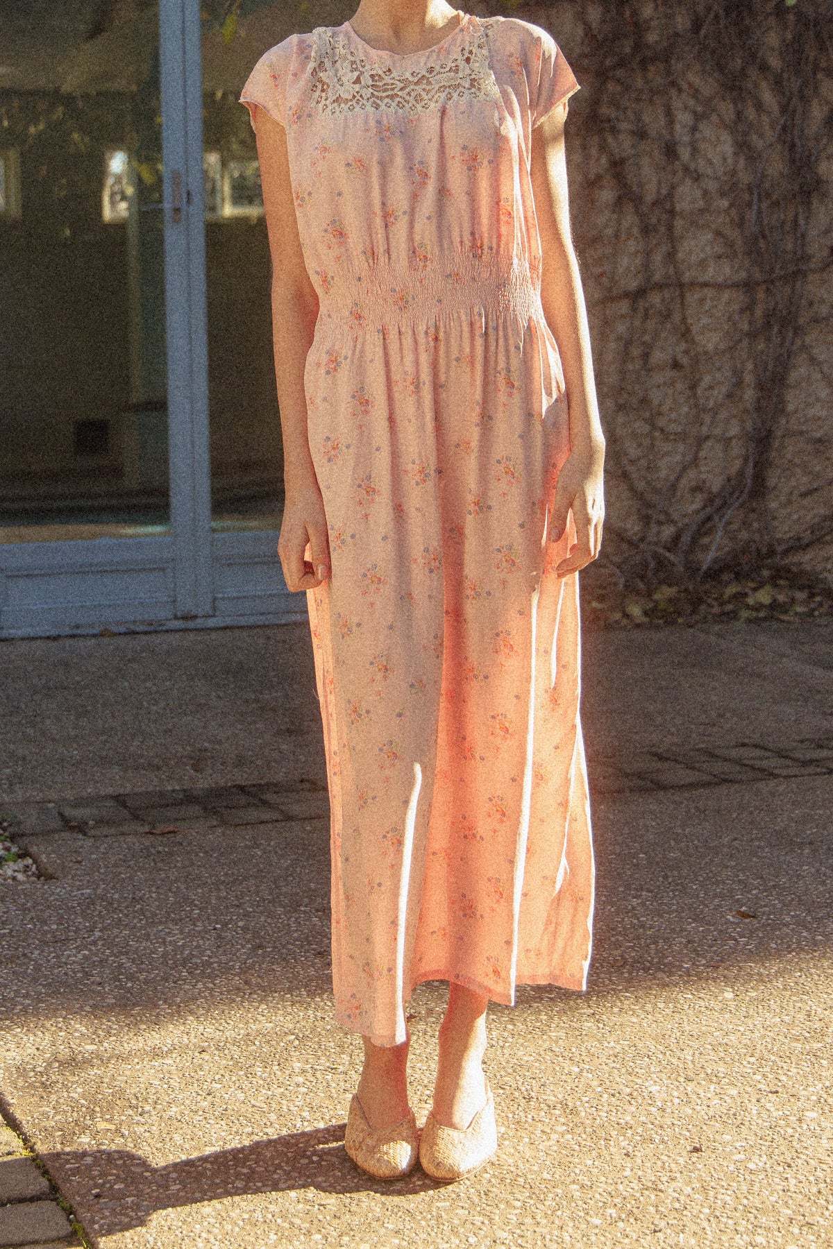VINTAGE 1930's Tatted Lace Floral Maxi Nightgown Dress M/L
